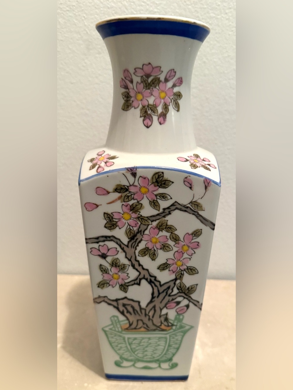 Japanese 12.25” vase. White porcelain hand-painted cherry blossoms & gold rim.